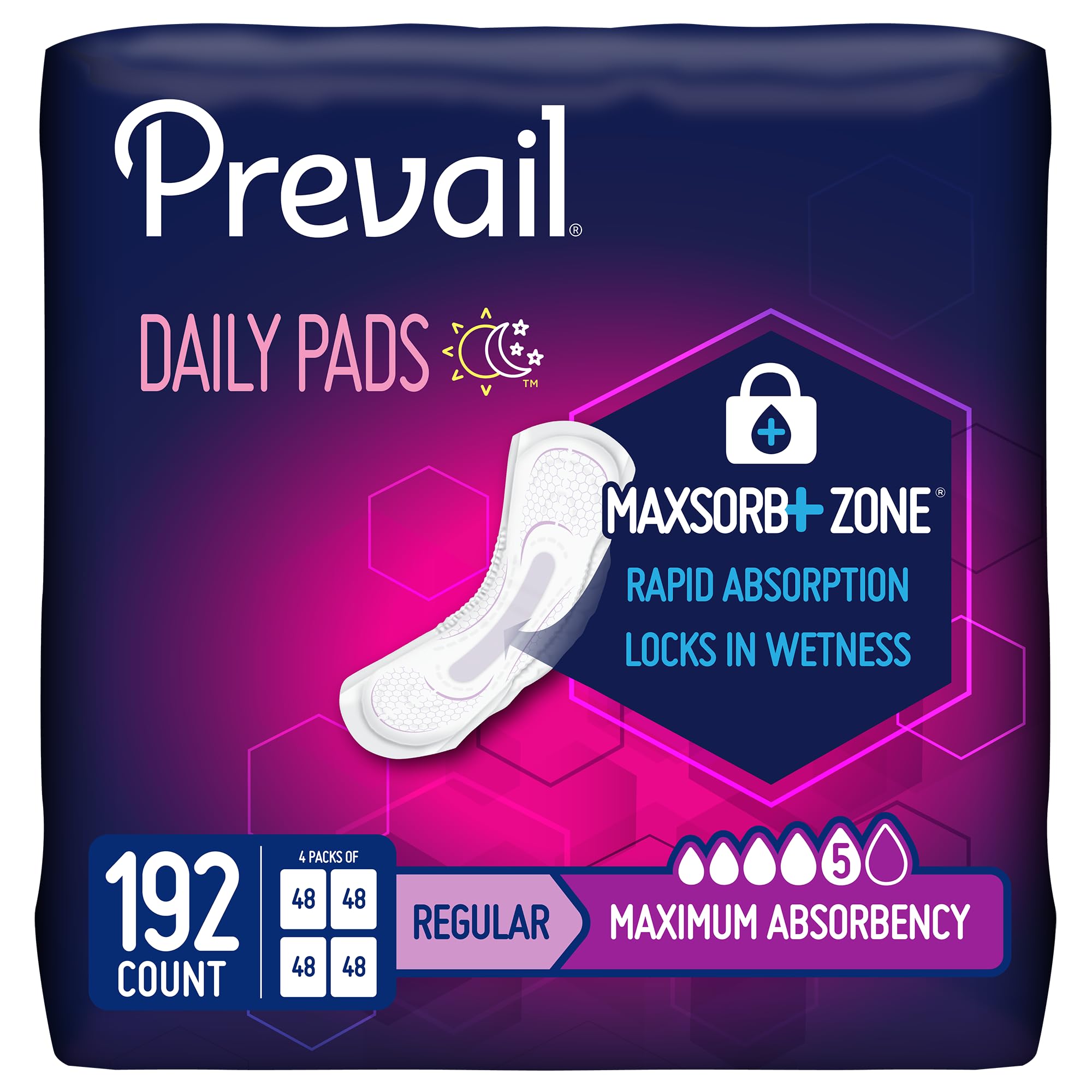 Prevail Incontinence Bladder Control Pads for Women, Maximum Absorbency, Regular Length, 192 Count
