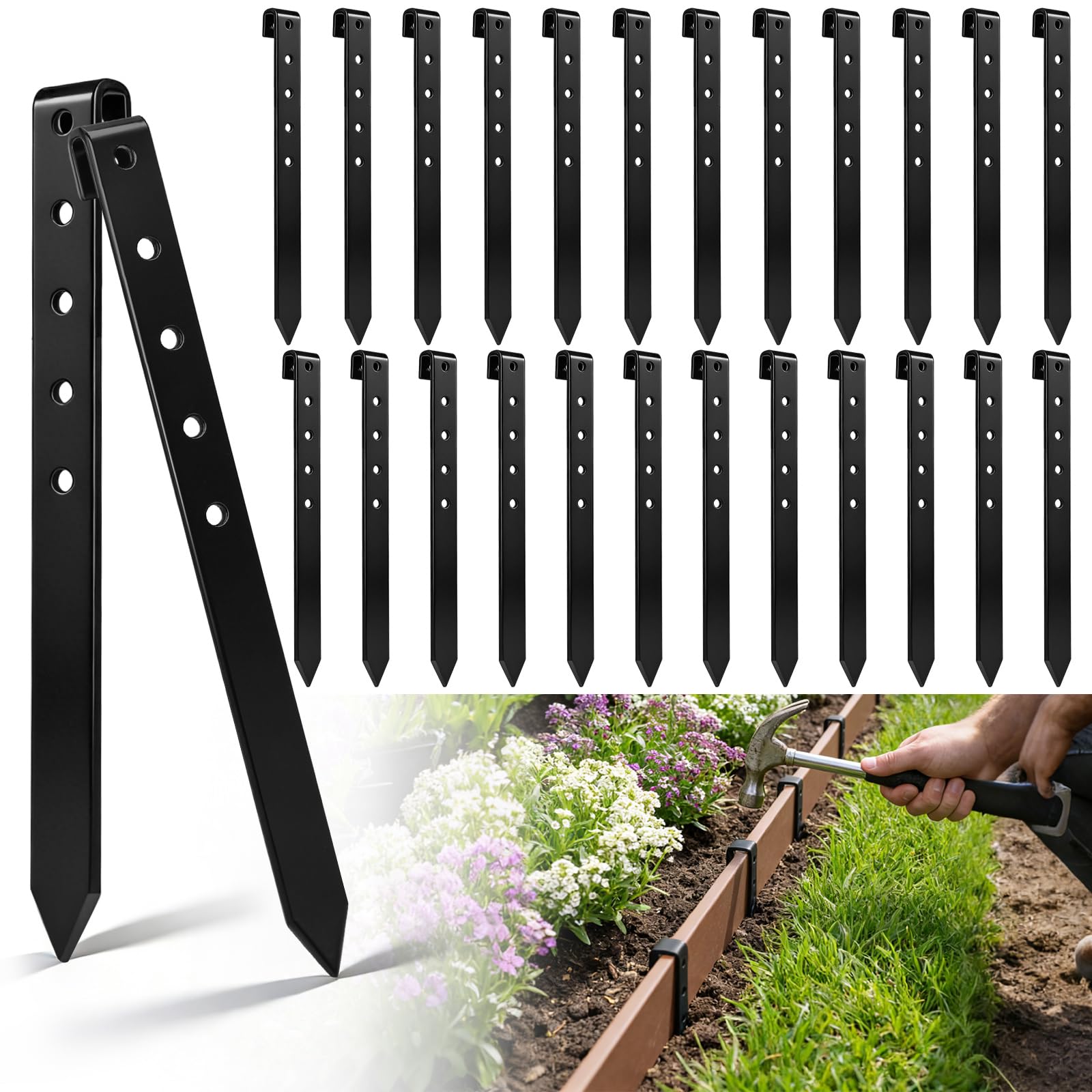 Fumete 36 Pcs 10'' Metal Landscape Stakes Bulk Garden Ground Edging Spikes with Holes Heavy Duty Anchoring Spike Carbon Steel Lawn Stake for Flowerbed Edging Grass Board Barrier Yard(Black)