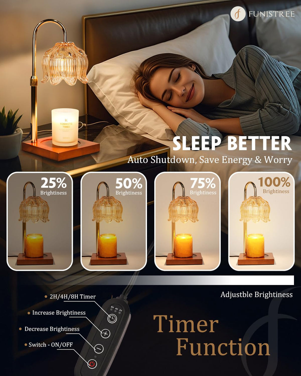 Funistree Flower Candle Warmer Lamp with Timer & Dimmer, Adjustable Height Candle Warmer, Christmas Birthday Gifts for Women Mom, House Warming New Home Decor, Wax Warmer for Jar Candles