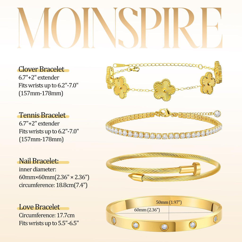 MOINSPIRE 18K Gold Plated Bracelets for Women, Stainless Steel Four Leaf Clover Tennis Nail Love Bangle Bracelets Set, Trendy Stackable Twist Cuff Bracelet Non Tarnish Jewelry Gifts Choice