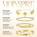 MOINSPIRE 18K Gold Plated Bracelets for Women, Stainless Steel Four Leaf Clover Tennis Nail Love Bangle Bracelets Set, Trendy Stackable Twist Cuff Bracelet Non Tarnish Jewelry Gifts Choice