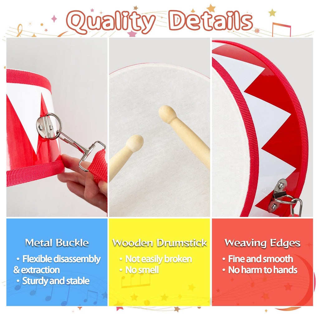 Kids Drum Set,8 in Wooden Toy Drum Set,Educational Baby Musical Toys Drum with Adjustable Strap 2 Drumsticks,Sensory Musical Instrument Drum Toy for Toddler Boys & Girls Gift(Red)