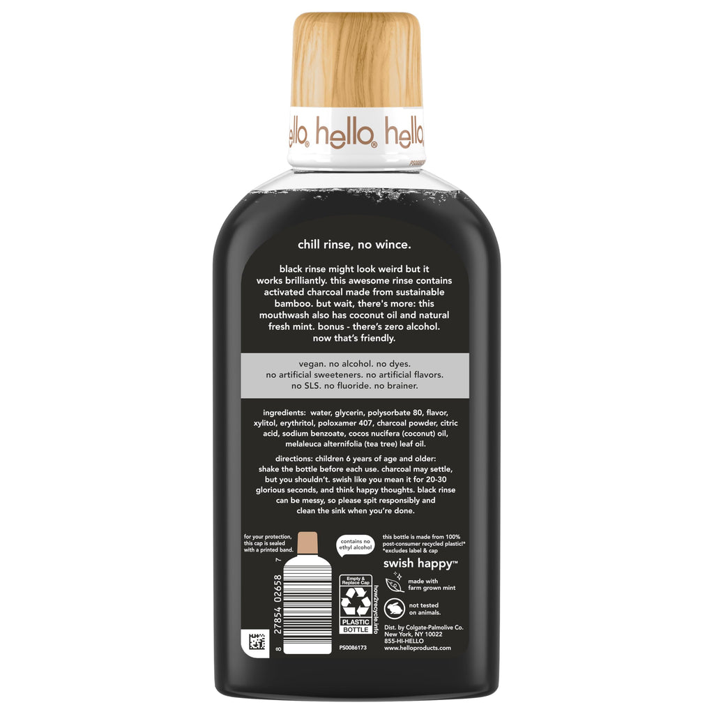 Hello Chill Mint Alcohol Free Mouthwash with Activated Charcoal, 17.6 Fl Oz, Fluoride Free Mouthwash with Farm Grown Mint and Coconut Oil, Vegan, Minty Oral Rinse (Pack of 3)