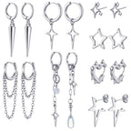 Quelay 8 Pairs Dangle Hoop Earrings for Men Women Punk Y2k Goth Gothic Tassel Chain Drop Star Moon Stud Huggie Earrings Gift(Star Style,Silver)