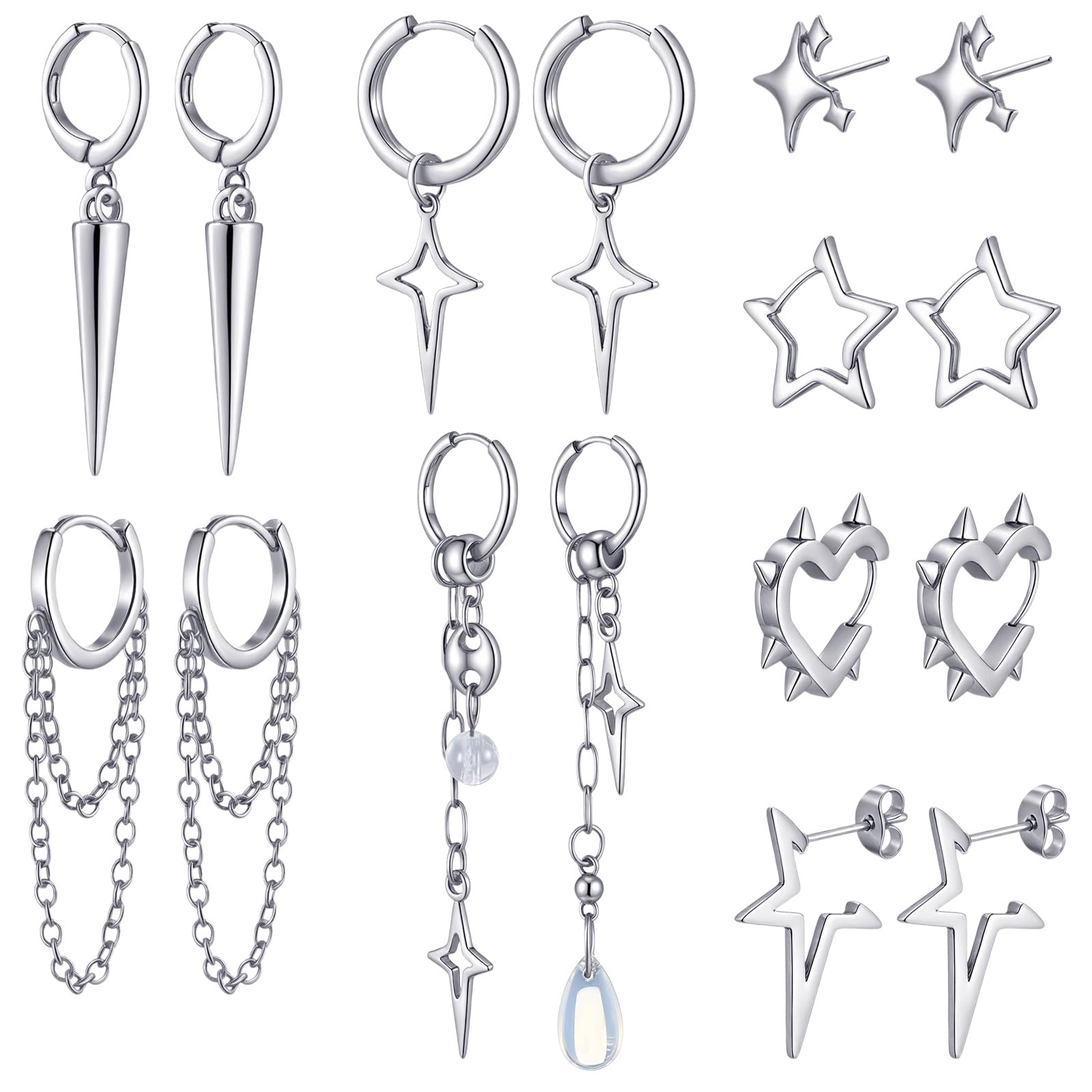 Quelay 8 Pairs Dangle Hoop Earrings for Men Women Punk Y2k Goth Gothic Tassel Chain Drop Star Moon Stud Huggie Earrings Gift(Star Style,Silver)