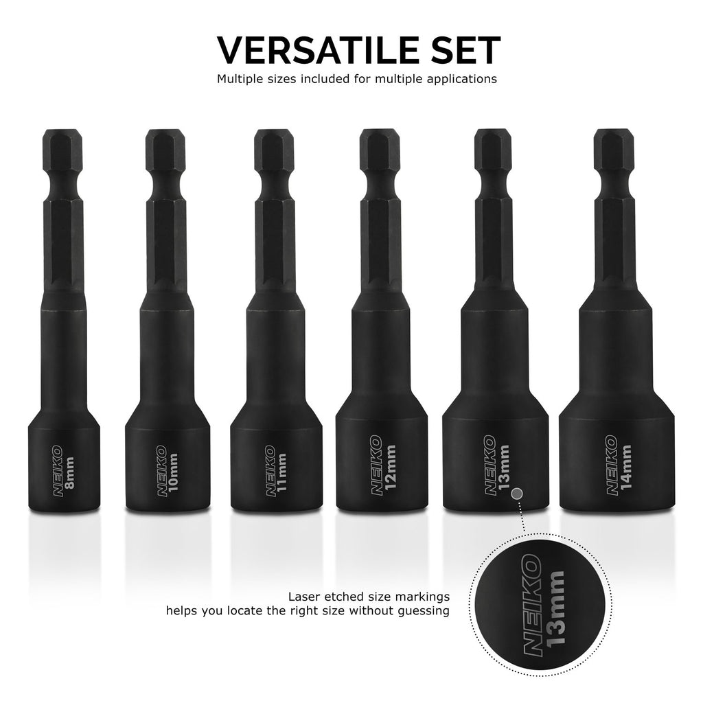 Neiko 10191A Impact Ready Magnetic Nut Driver | 6 Piece | MM | 8 to 14 mm | 2-9/16” Length | Cr-V, metric, Master Kit