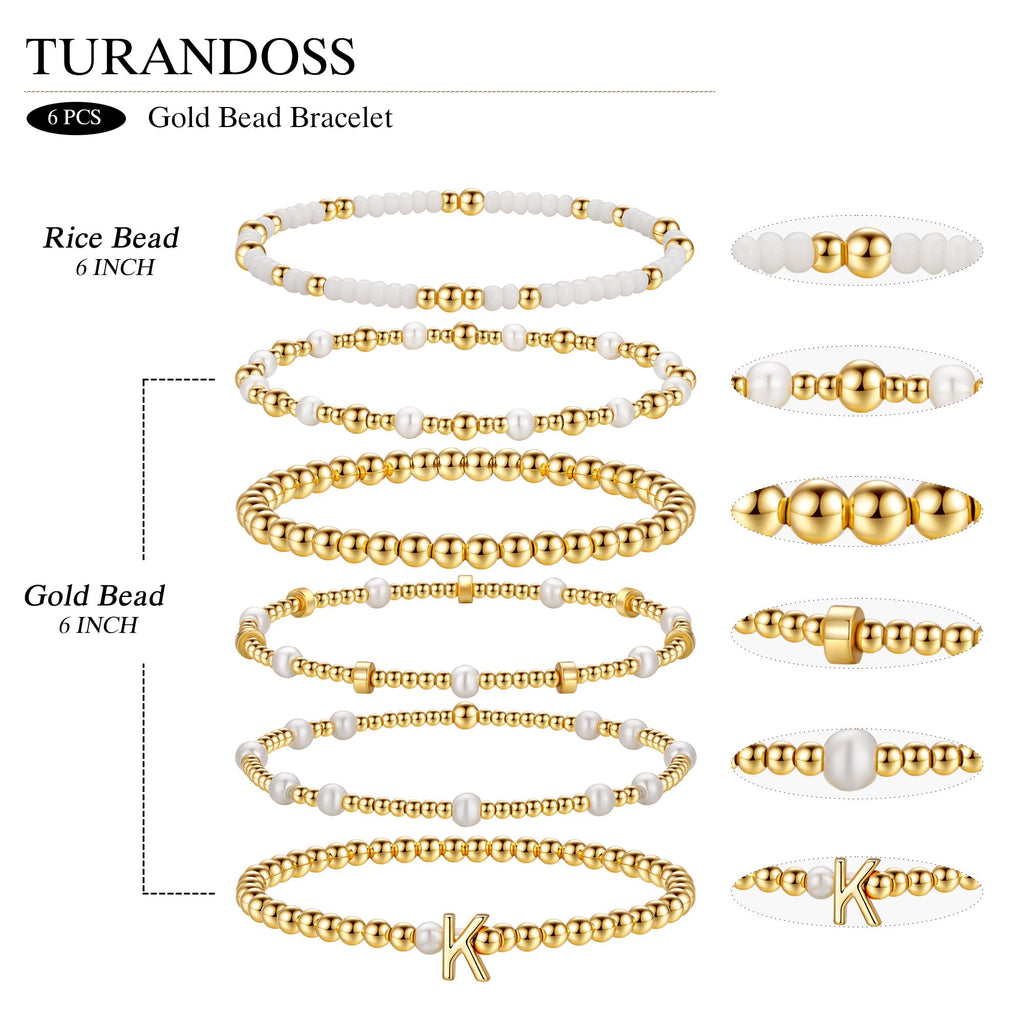Turandoss 18K Gold Plated Beaded Initial Bracelet for Women Jewelry Gifts