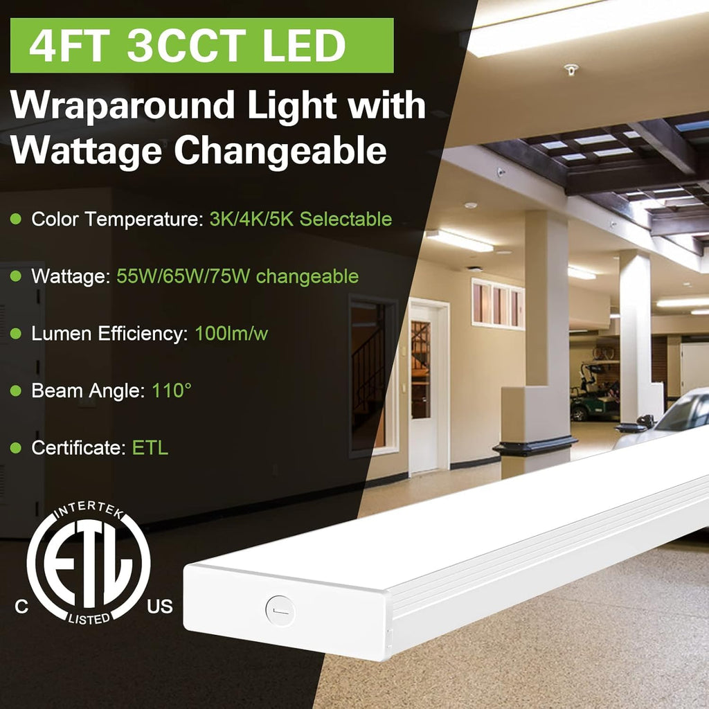 hykolity 4FT LED Wraparound Light Fixture with 3 Wattages/3 Lumens/3 CCT Selectable, 55W/65W/75W, 5500lm/6500lm/7500lm, 3000K/4000K/5000K, Flush Mount Office Ceiling Light, ETL