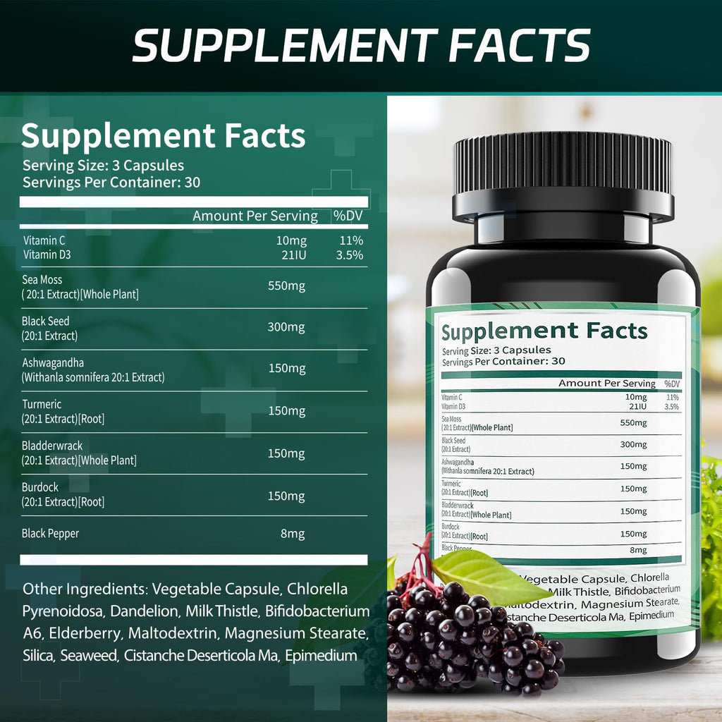 Superfood Advanced Irish Sea Moss Capsules - Sea Moss 21 in 1 Supplement Whit Black Seed, Ashwagandha, Turmeric, Bladderwrack, Burdock - 90 Count