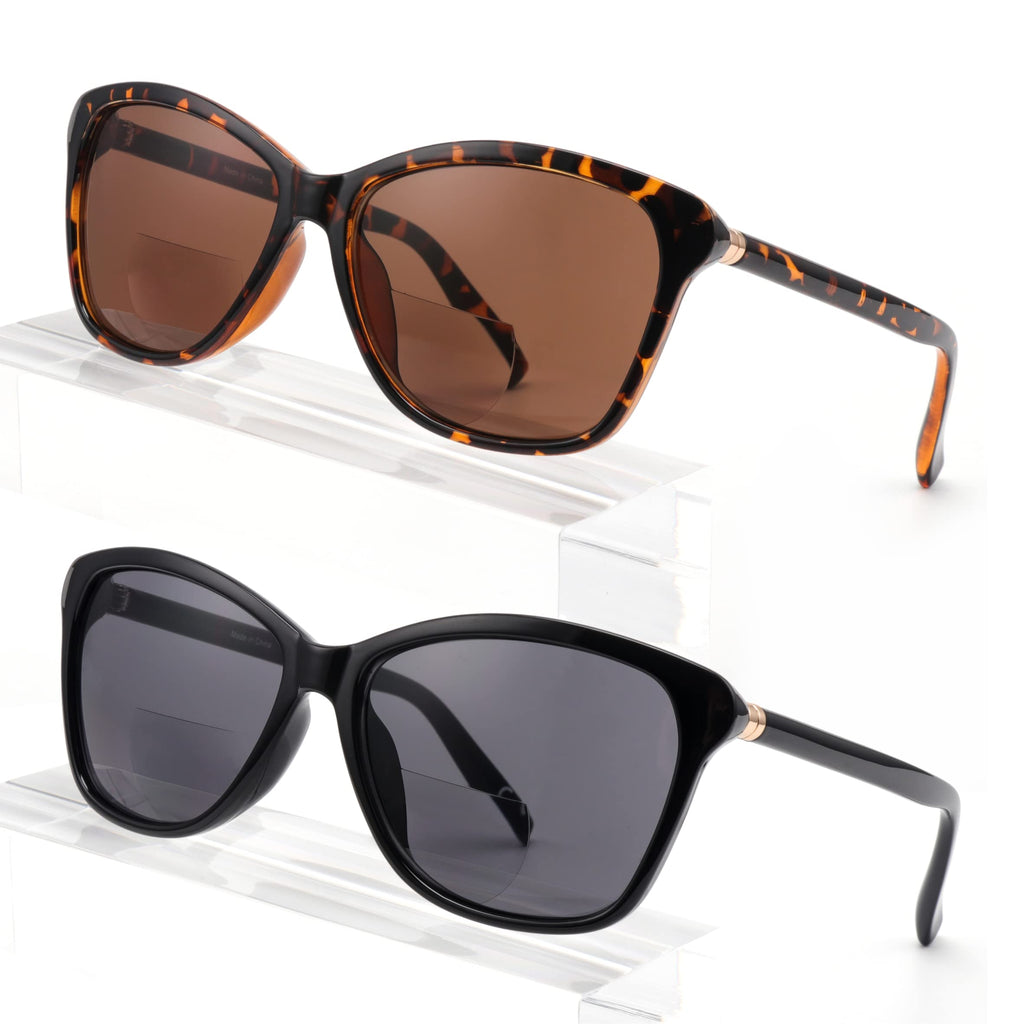 SKYOLUY Premium Bifocal Reading Sunglasses for Women, Retro Cateye Sun Readers UV400 Protection, Classic Shades Black & Tortoise (1 Black & 1 Tortoise, 2.00)