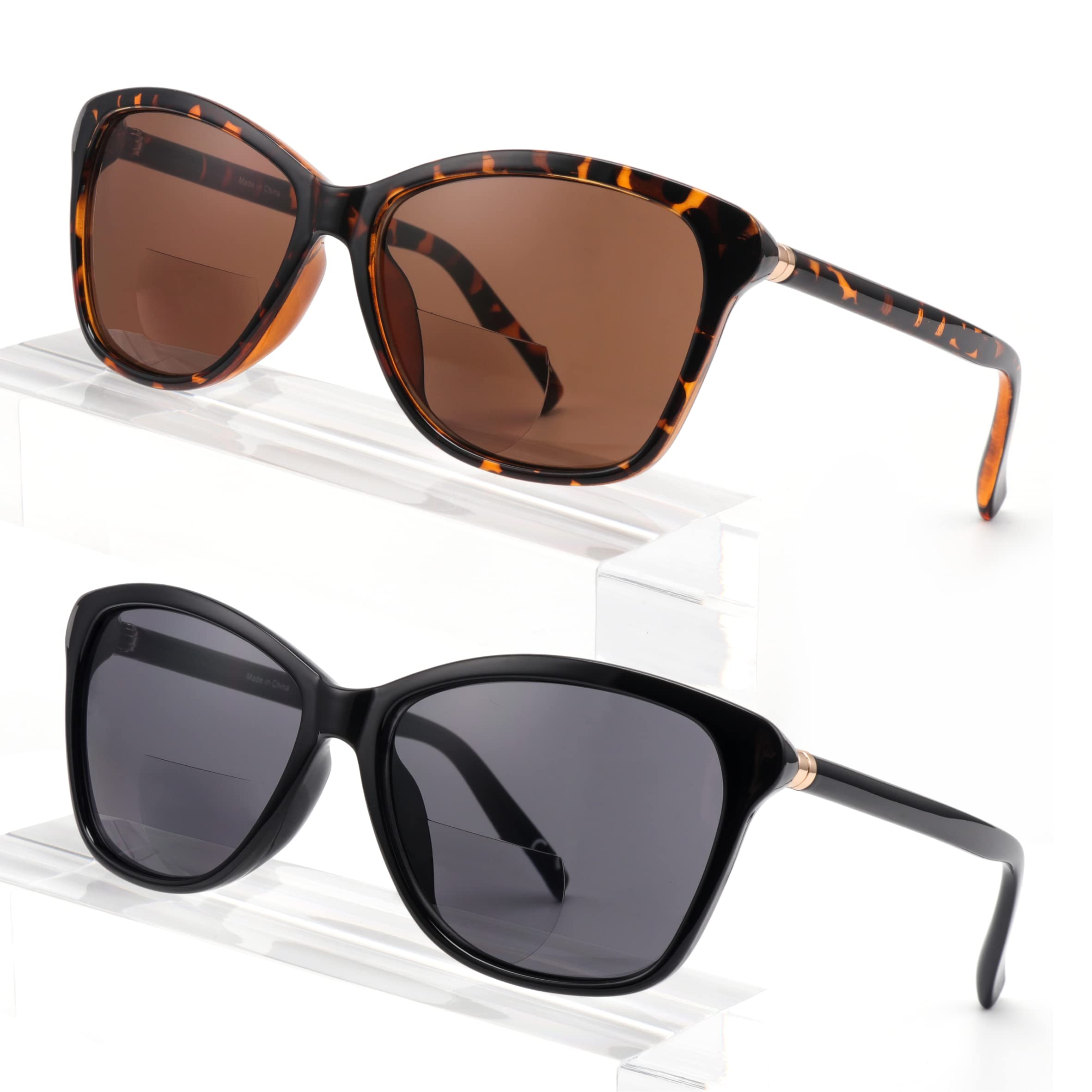 SKYOLUY Premium Bifocal Reading Sunglasses for Women, Retro Cateye Sun Readers UV400 Protection, Classic Shades Black & Tortoise (1 Black & 1 Tortoise, 2.00)