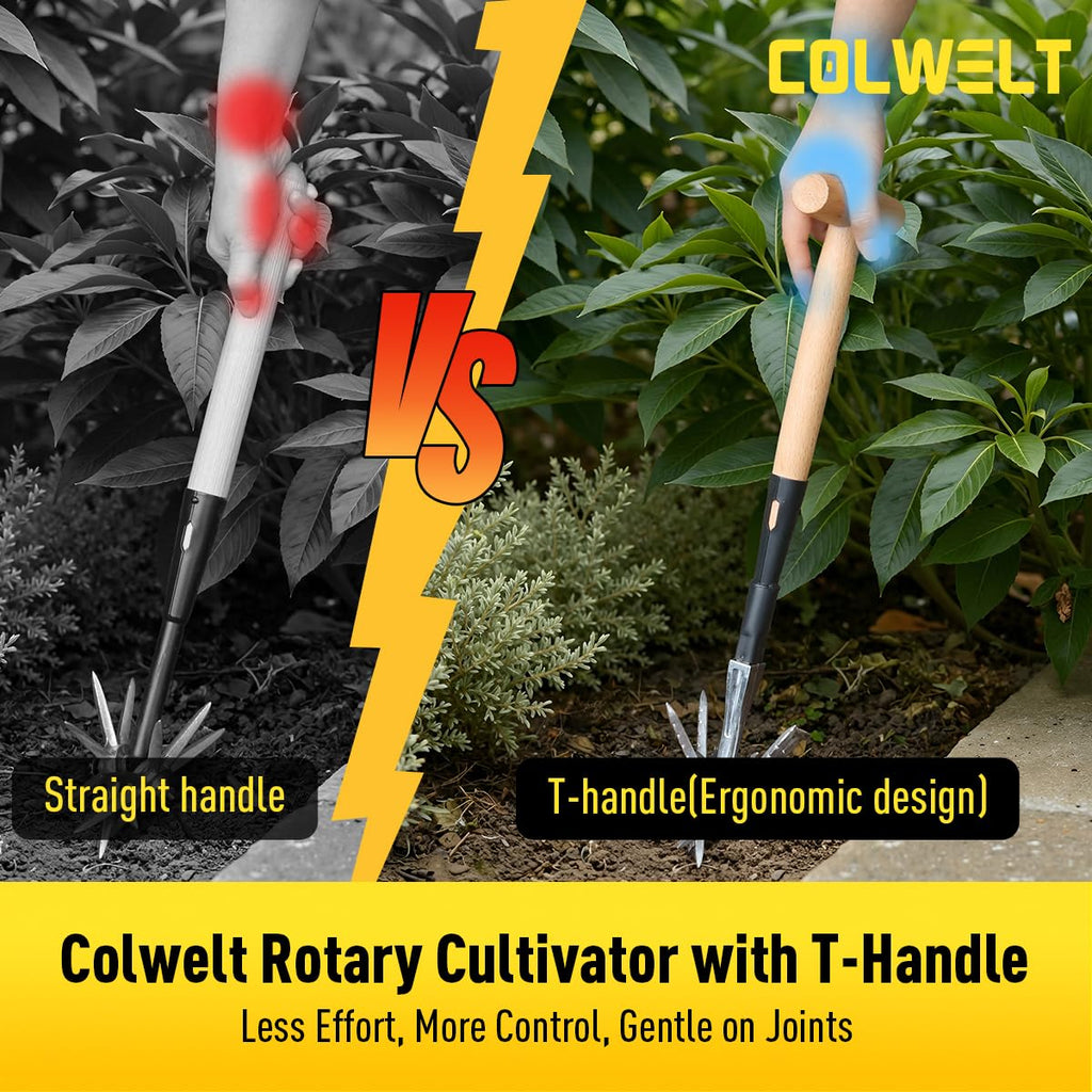 Colwelt Manual Rotary Cultivator, Single-Tine Aluminum Cultivators for Gardening, Garden Hand Tiller Manual with Ergo Wooden t-Handle, Hand Held Cultivator Tool For Flower Beds Cultivate, Aerate, Weed