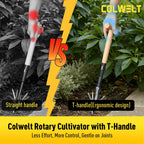 Colwelt Manual Rotary Cultivator, Single-Tine Aluminum Cultivators for Gardening, Garden Hand Tiller Manual with Ergo Wooden t-Handle, Hand Held Cultivator Tool For Flower Beds Cultivate, Aerate, Weed