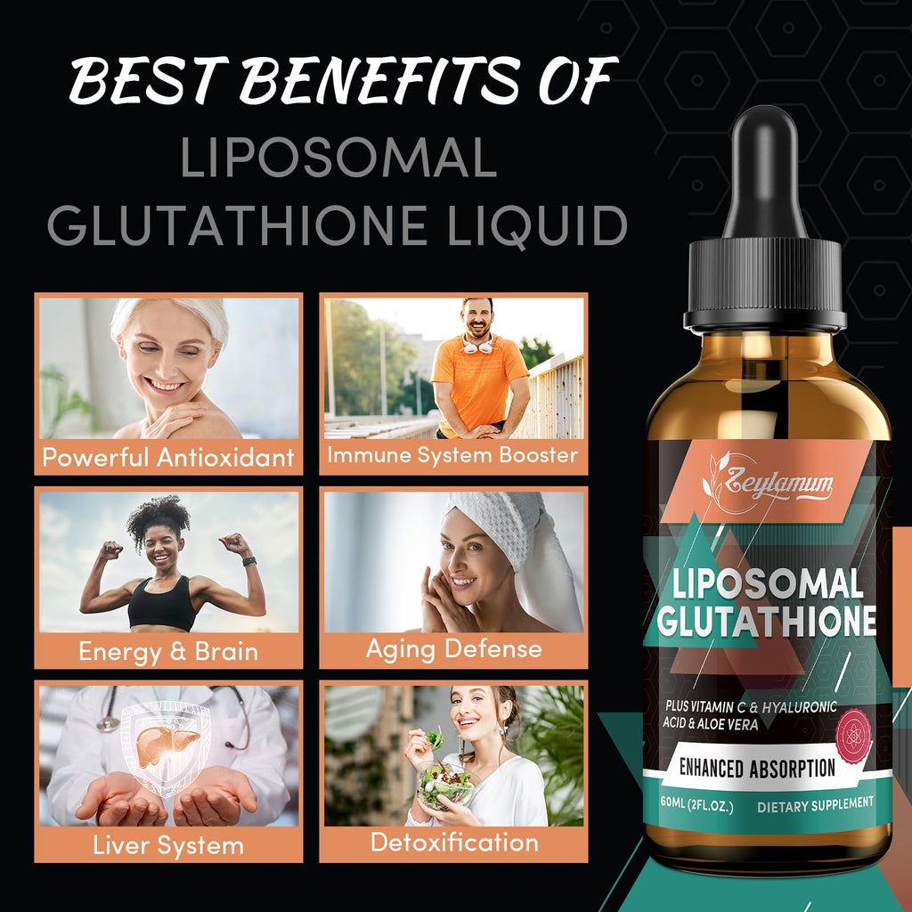 2000MG Liposomal Glutathione Liquid Drops, Ultra High Absorption, Natural Detoxification, Immune System & Skin Support*, L-Glutathione, Vitamin C & Hyaluronic Acid, Capsules Alternative, 4.05 OZ