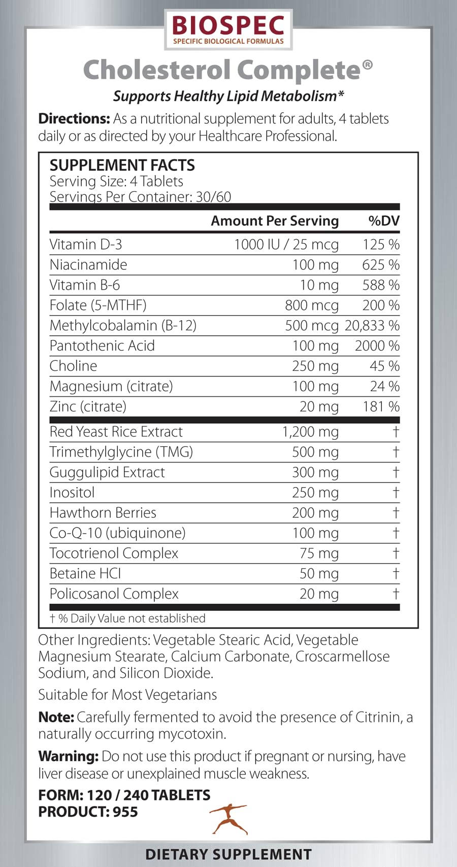 BIOSPEC NUTRITIONALS Cholesterol Complete - Natural Cholesterol Support for Cardiovascular and Heart Health* - Red Yeast Rice, CO-Q-10, Hawthorn, Magnesium (240 Tablets)