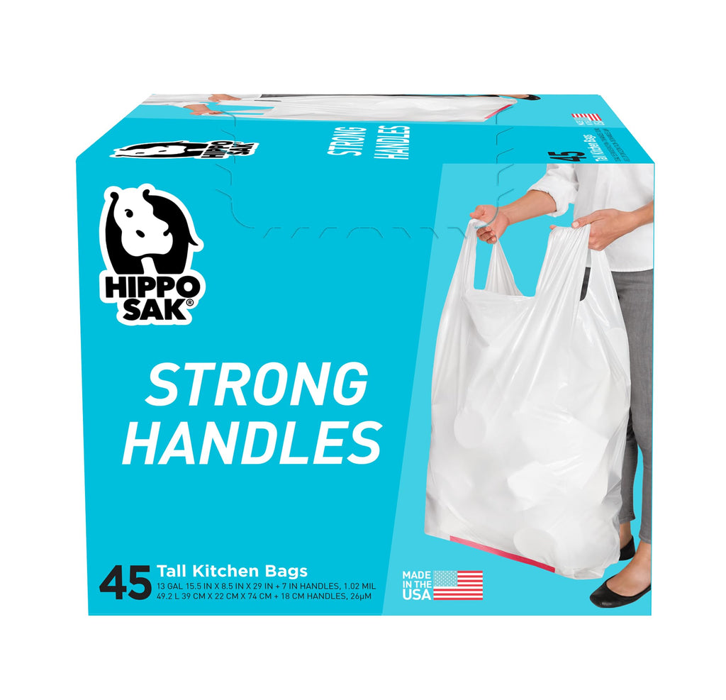 Hippo Sak - Kitchen Trash Bags 13 Gallon - Garbage Bags with Handles - 45 Count