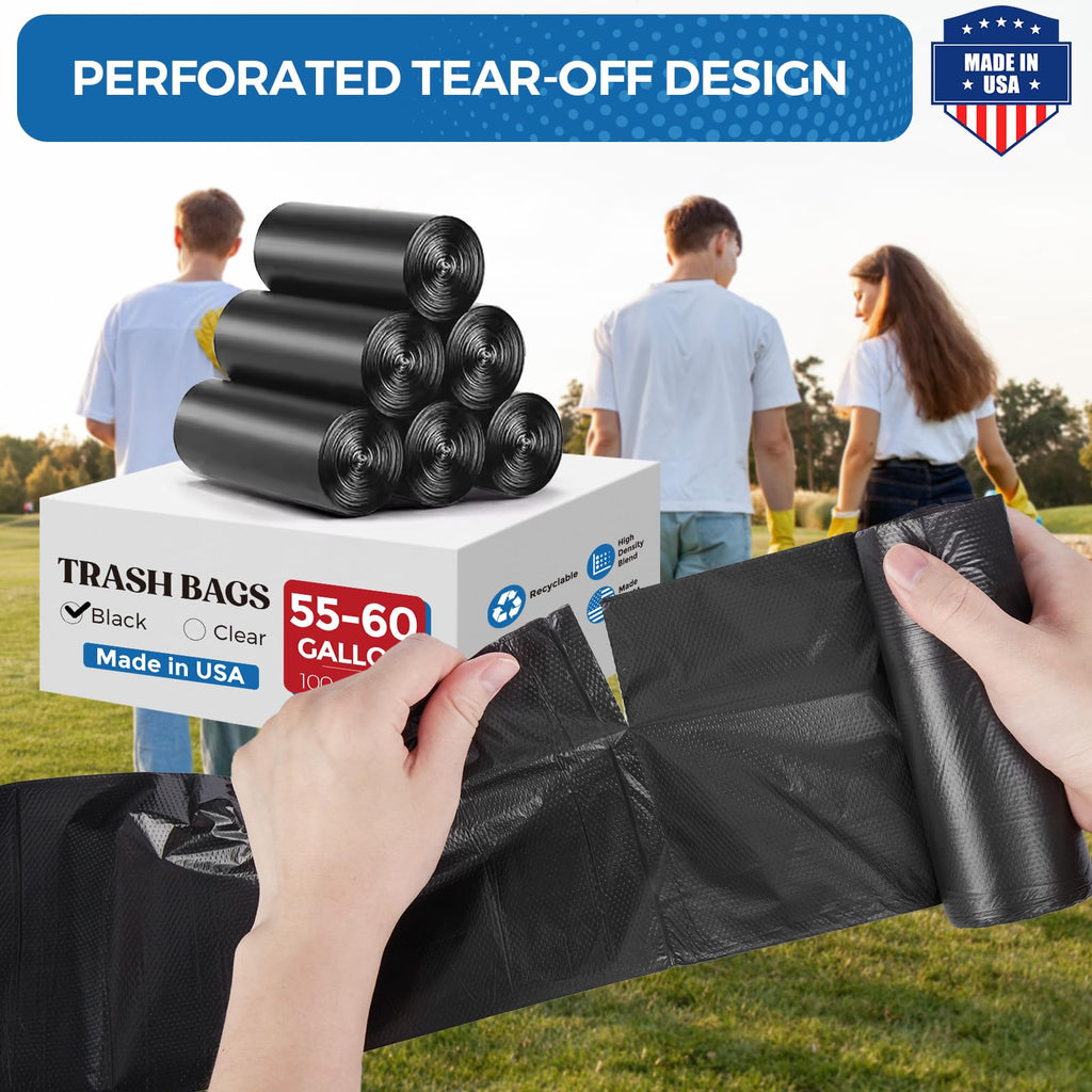 Fuxury 55-60 Gallon Trash Bags 150 Count Black Garbage Bags Made in USA