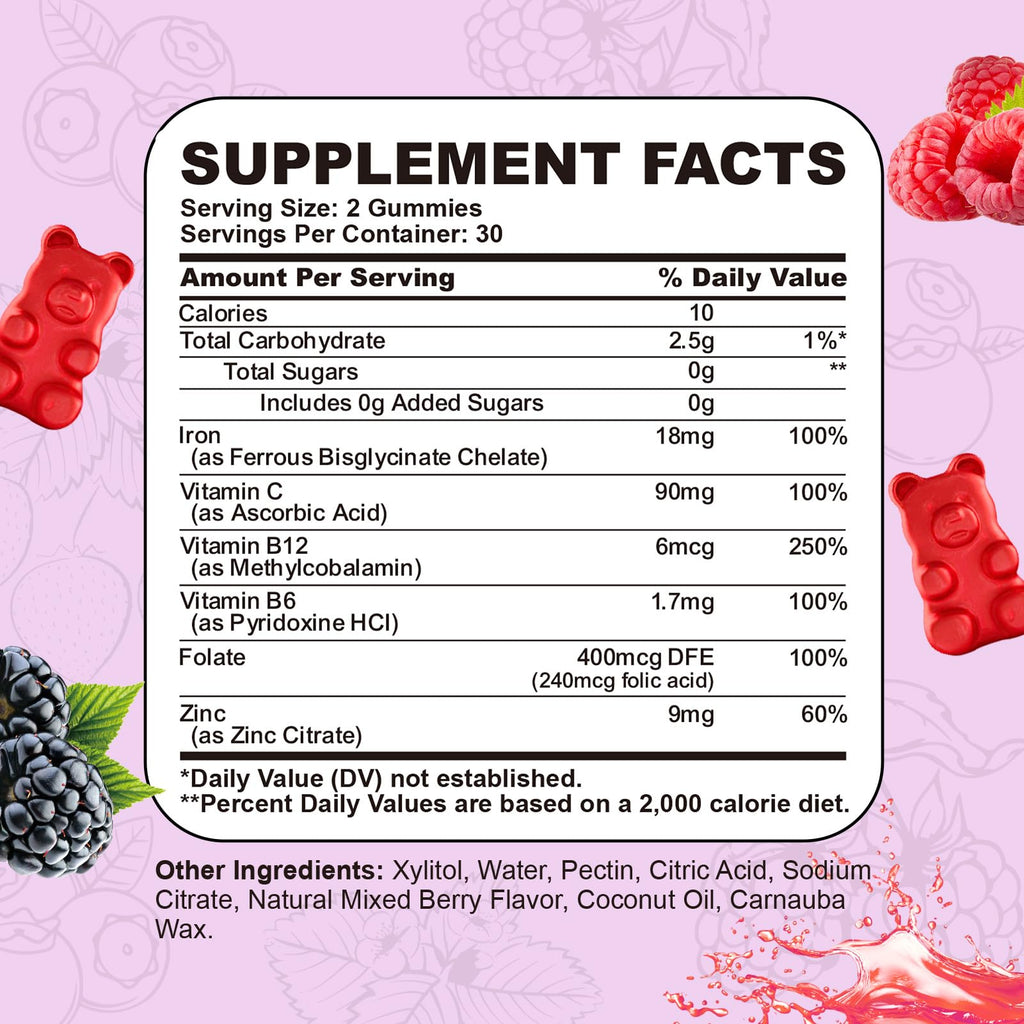 Iron Supplement for Women & Men Gummies, Multivitamin Blood Builder Iron Supplement with Folate Vitamin C B12 B6 Zinc for Adults & Kids - Energy Support - Mixed Berry Flavor, Vegan 60 Gummies