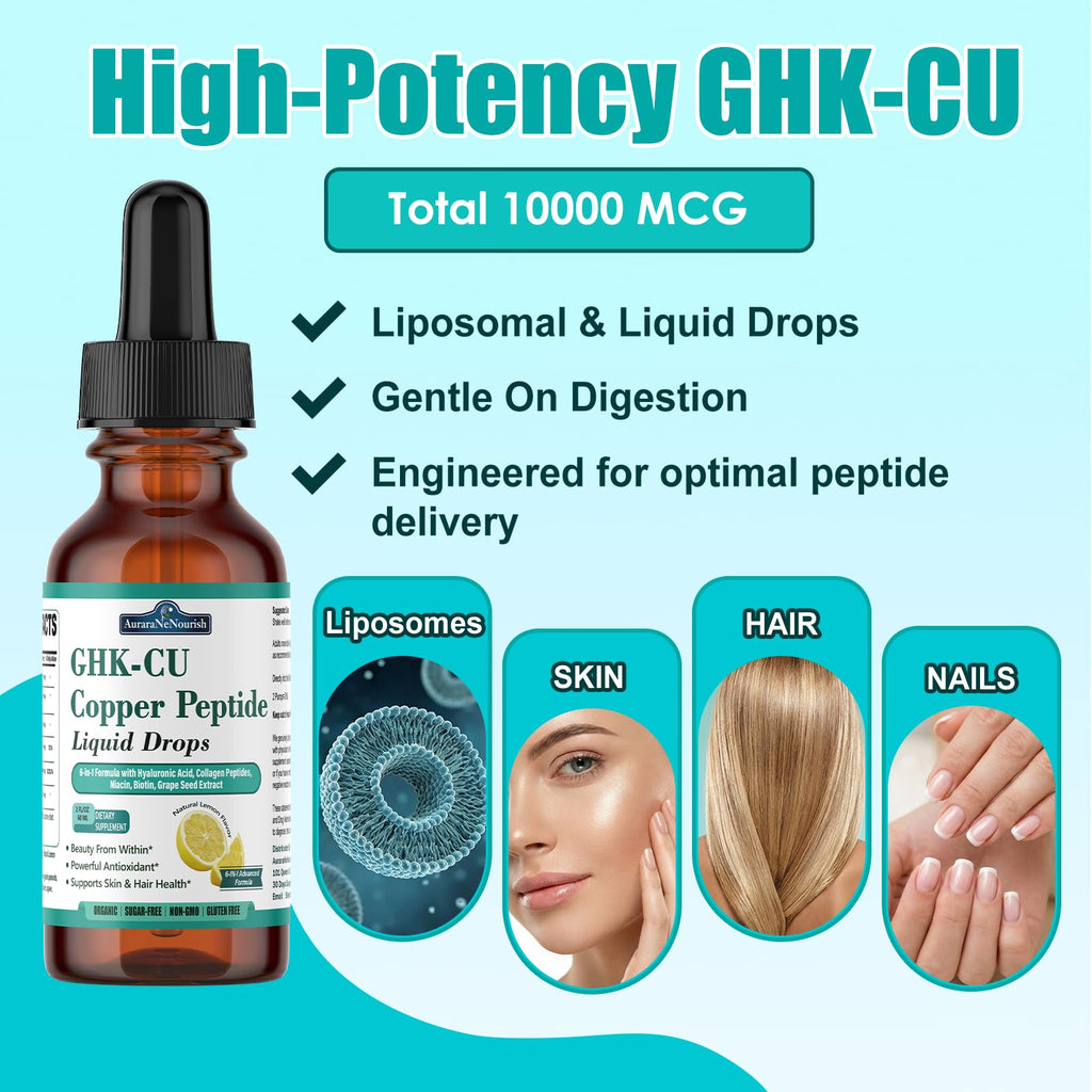 GHK-Cu Copper Peptide Oral Liquid Drops, 6-in-1 Liposomal GHK Cu Supplement w. Marine Collagen Peptides, Hyaluronic Acid, Biotin & Grape Seed, Support Skin Elasticity, Anti-Aging, Hair Growth & Nails