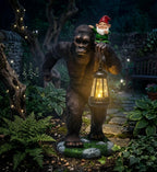 Solar Bigfoot Garden Statue with Gnome & Lantern, 16 Inch Sasquatch Decor