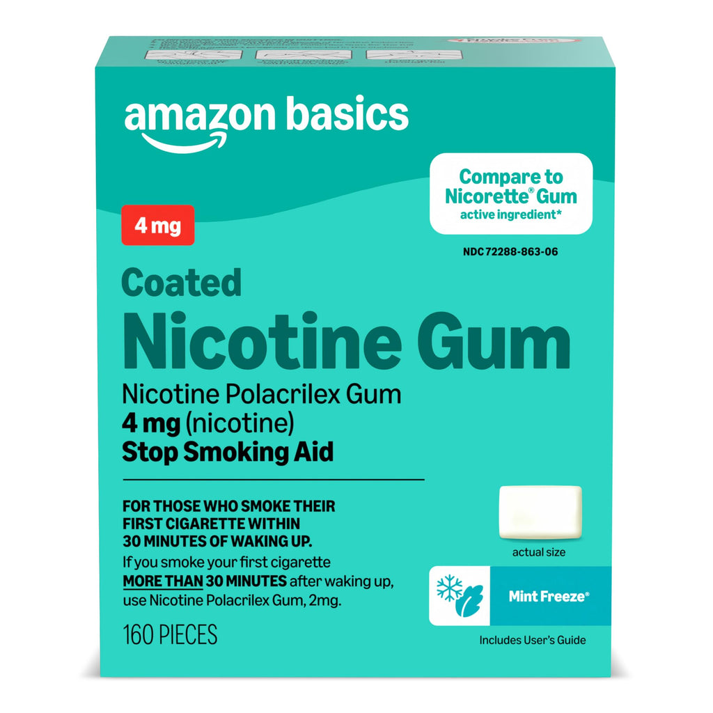 Amazon Basics Coated Nicotine Polacrilex Gum 4 mg, Ice Mint Flavor, Stop Smoking Aid, 160 Count (Previously Amazon Basic Care)