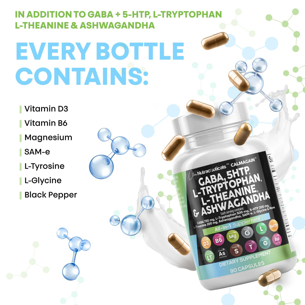 Clean Nutraceuticals GABA 750mg 5 HTP 200mg L Tryptophan 500mg L Theanine 200mg Ashwagandha SAM-e L-Glycine - Mood Support Vitamins for Women and Men with L-Tyrosine (90 Count (Pack of 3))