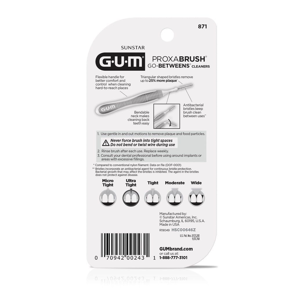 GUM Proxabrush Go-Betweens - Ultra Tight- Interdental Brushes - Soft Bristled Dental Picks for Plaque Removal Health - Safe for Braces & Dental Devices,10 Count (Pack of 8)