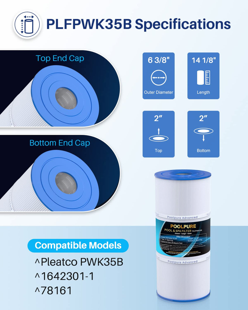 POOLPURE PWK35B SPA Filter Replaces Hot Springs Limelight Series Spa Filters, Watkins 1642301-1, 78161, 78286, Pleatco PWK35B, Filbur FC-3921, SD-01386, 35 sq. ft. 2PACK