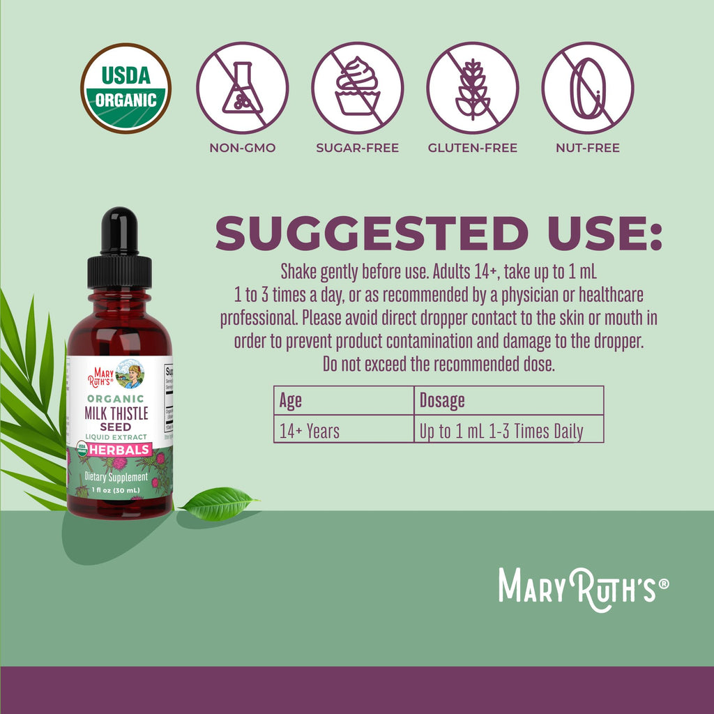 MaryRuth Organics Milk Thistle Seed Liquid Extract Drops, 1 fl oz | 1,190 mg Milk Thistle Seed | Silybum marianum | Alcohol-Free | Vegan | USDA Organic | Non-GMO