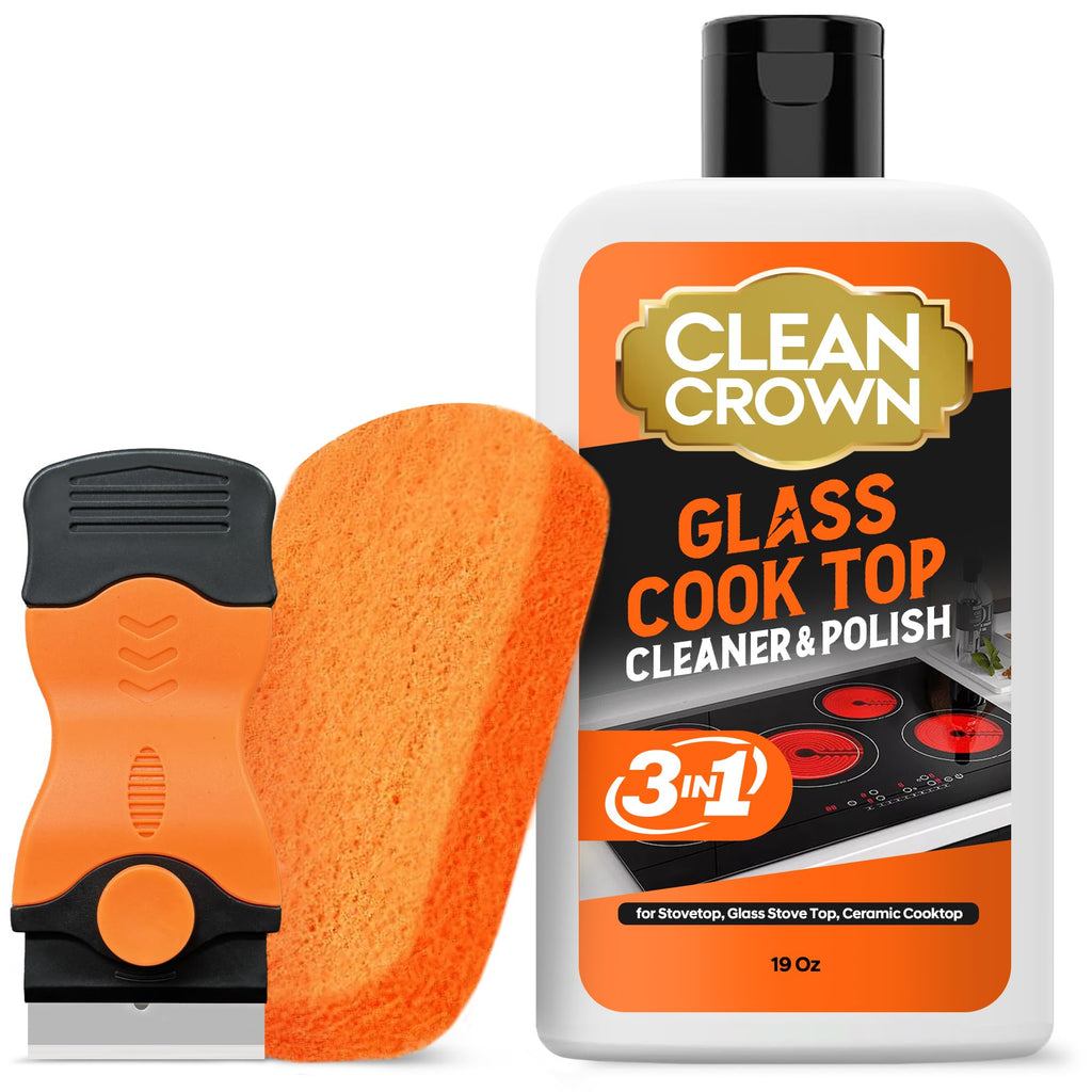 CleanCrown 3-in-1 Cooktop Cleaner Kit (19 Oz Cooktop Cleaner + Scrubbing Pad + Scraper), Stovetop Cleaner for Electric Top Stoves, Ceramic Cooktops & Fireplace Glass, Remove Burned on Food, Grease