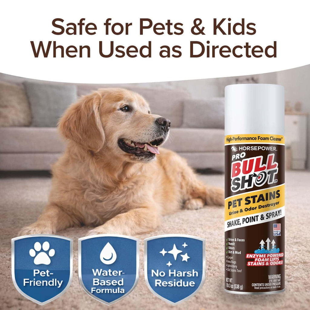 Bull Shot Pet Pro Stain Remover, AS SEEN ON TV, Urine & Odor Emulsifier, Enzyme-Powered Professional Strength Foam for Urine, Feces, Vomit, Odors, Dirt On Carpet, Area Rugs, Upholstery, Old Stains