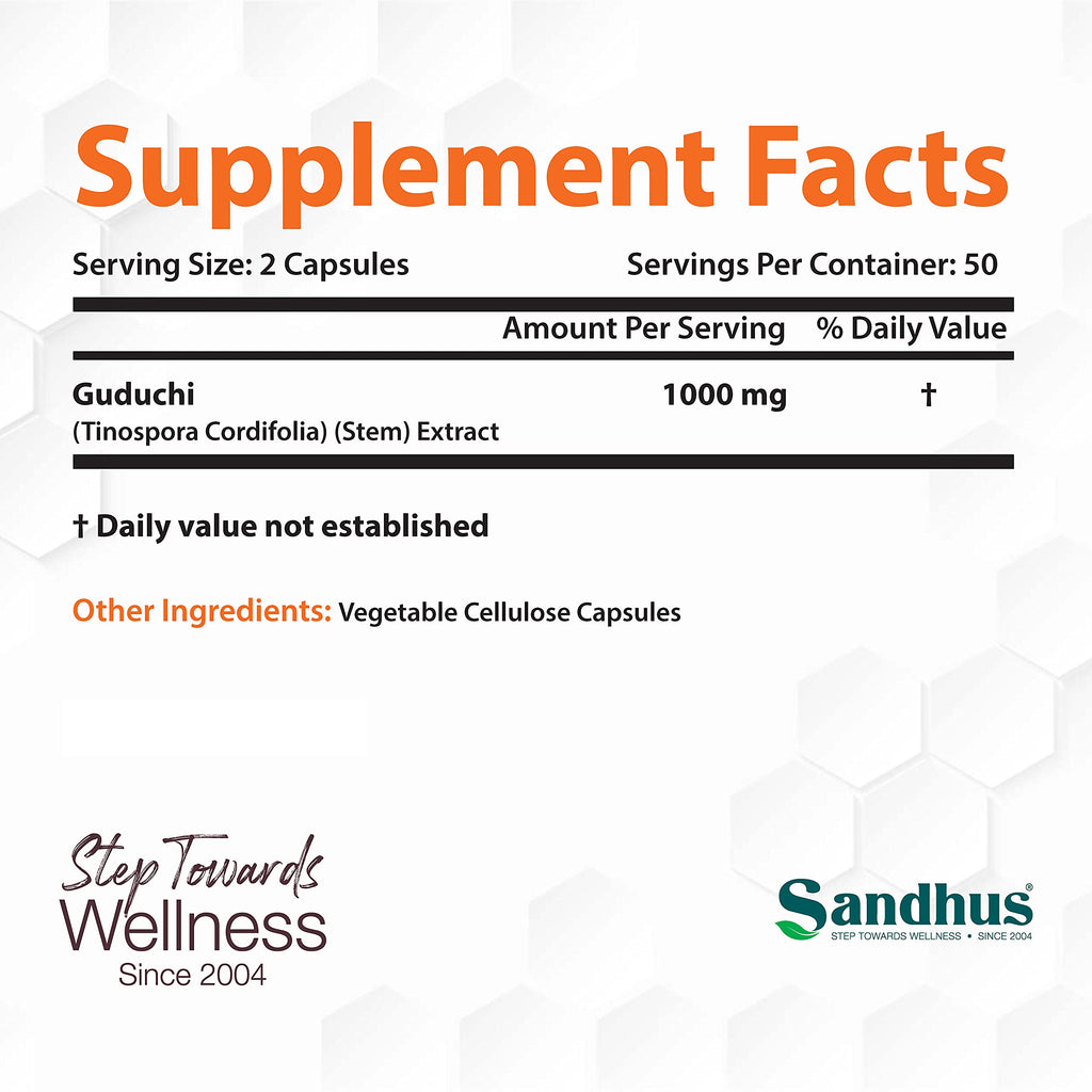 Sandhu's Guduchi (Tinospora Cordifolia) Giloy 100 Vegetarian Capsules Immune Support 1000mg per Serving