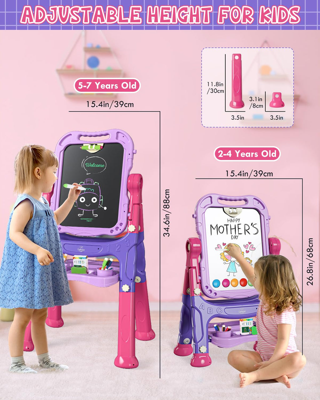 Lehoo Castle Easel for Kids, Double Sided Kids Art Easel with Magnetic White Board Chalk Board, Adjustable Standing Toddler Easel with Drawing Accessories, Gift for Girls 3 4 Years Old