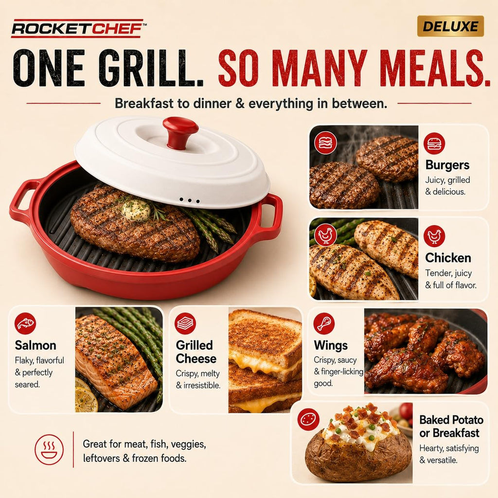 Rocket Chef Turbo Grill Deluxe Microwave Grill Pan, Vented Lid, Red