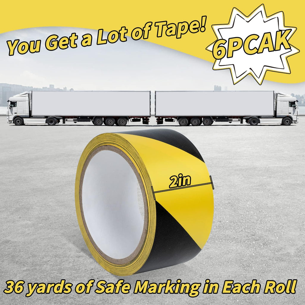 Hazard Safety Warning Stripe Tape 6 Pack, 2 Inch x 36 Yards Black & Yellow Caution Tape Roll Bulk Waterproof Barricade Hazard Tape Self-Adhesive Tape for Floor, Walls, Pipes, Equipment Marking