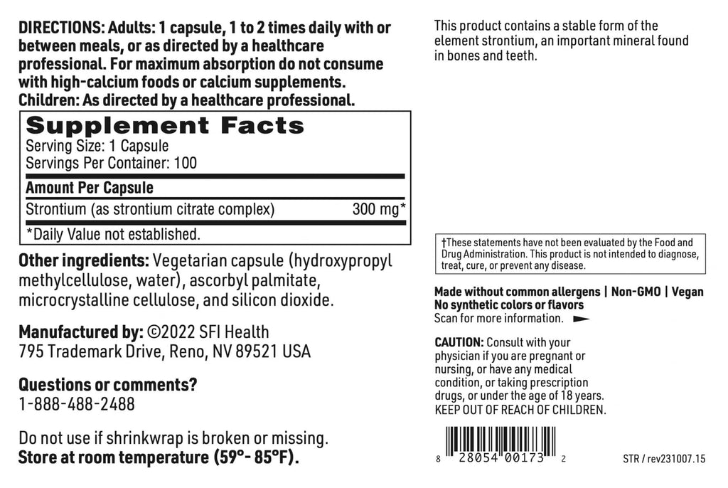 Klaire Labs SFI Health Strontium - Hypoallergenic 300 Milligrams Bioavailable Strontium Citrate for Bone & Tissue Support (100 Capsules)