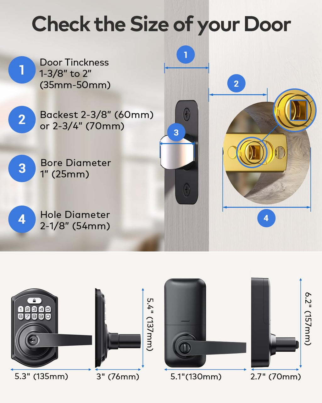 TEEHO TE004 Keyless Entry Keypad Door Lock with Handle - Smart Digital Electronic Lock for Interior Door with Anti-Peeping, Auto Lock & Passage Mode - Easy Installation - Matte Black
