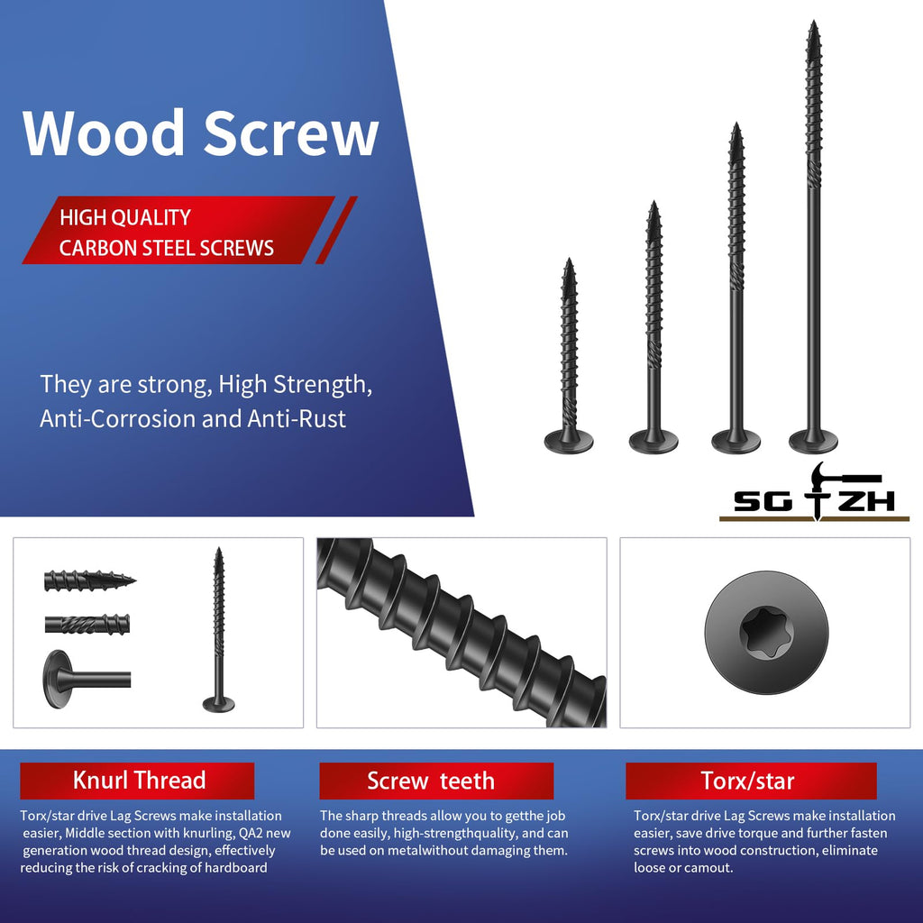 SG TZH #14 x 7 Inch Outdoor Structural Wood Deck Screws (32Pcs/2lb), Carbon Steel, Black, Flat Head, Rust Resistant Epoxy Coated, T30 Star Bit