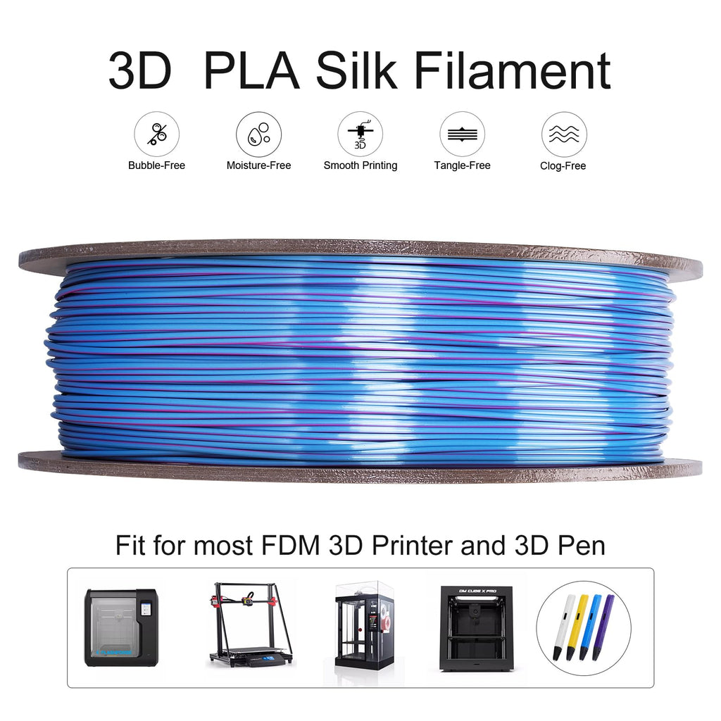 Kretrum Dual Color Silk PLA 3D Printer Filament 1.75mm Silk PLA Color Changing 3D Printing Filament 1kg / 2.2lbs Purple & Blue