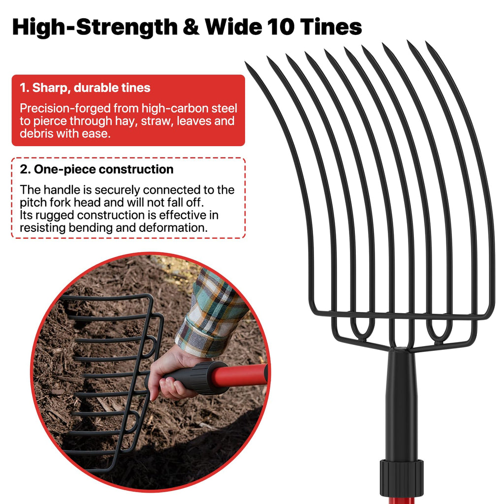 COSITA Pitch Fork for Garden, Wide Pitchfork with 10 Metal Tines, Heavy Duty Garden Fork with Fiberglass Handle 44-Inches, Chicken Coop Pitchforks for Manure, Mulching, Composting, Red