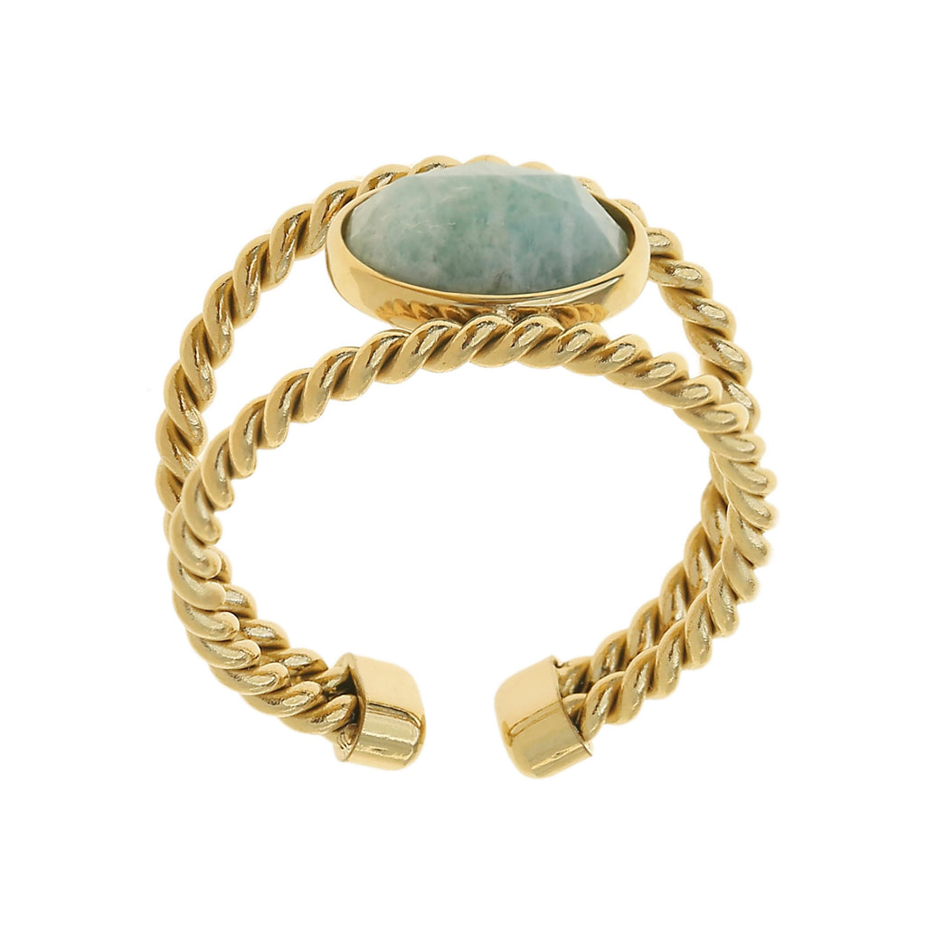 Made by Nami Adjustable Gold Plated Gemstone Ring for Women Handmade Boho Stacking Rings Chunky Open Band Turquoise Statement Jewelry Unique Minimalist Design for Everyday or Special Occasions (Double Row Turquoise Stone)