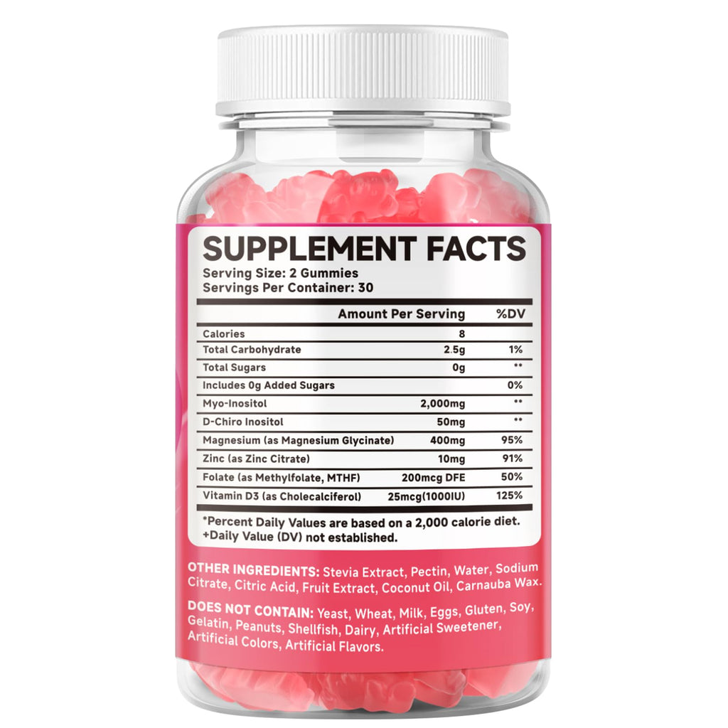 MEENCCD 2 Pack Myo-Inositol & D-Chiro Inositol Gummies, 40:1 Ratio Inositol with Vitamin D3, Magnesium Glycinate, Folate & Zinc, Inositol Supplement for Female Health, Raspberry Flavor, 120 Count