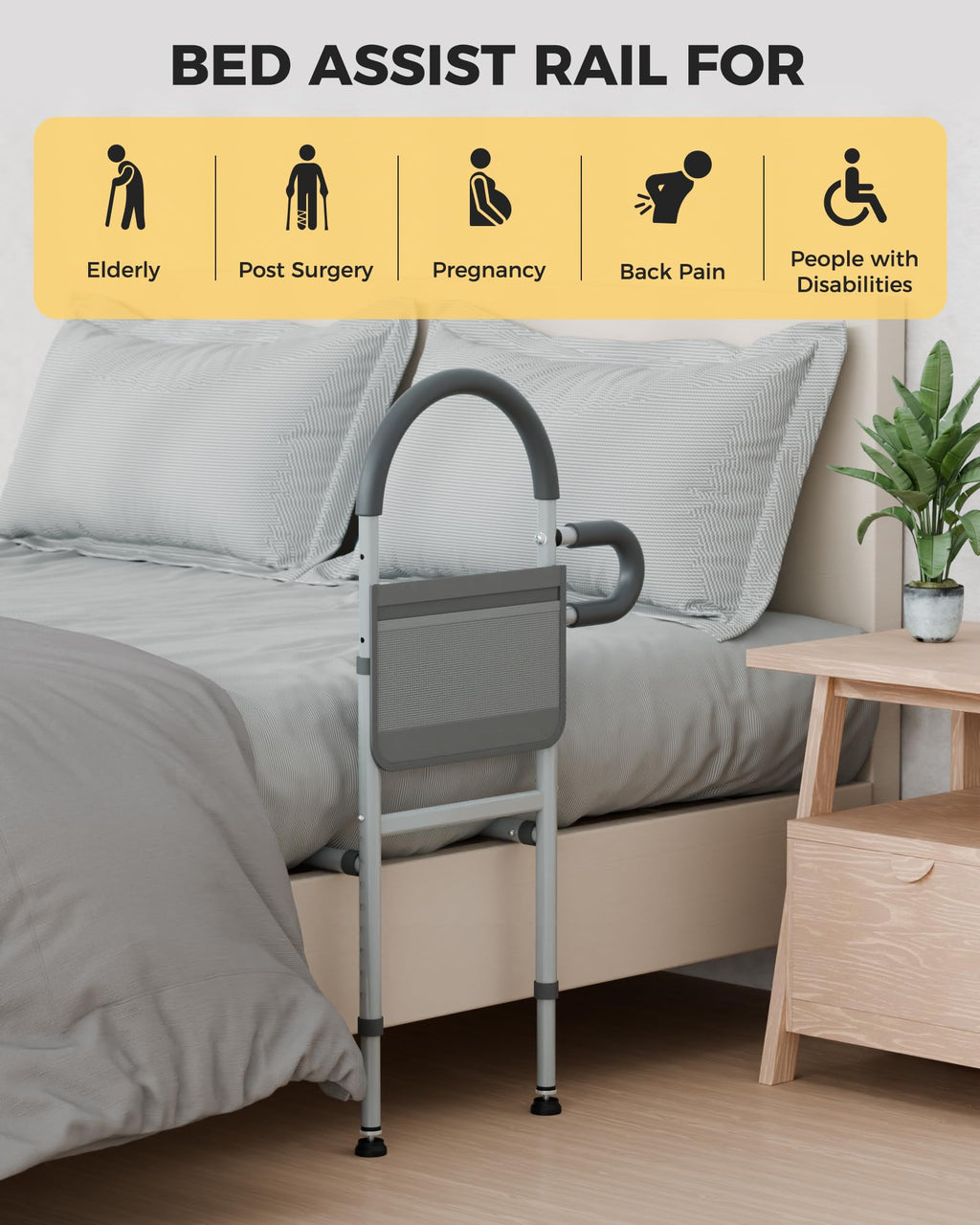 Bed Rails for Elderly Adults Safety, Bedrails for Elderly Adults Grab Bar Bed Handrails, Cane for Seniors with Non-Slip Ergonomic Handle and Storage Pocket, Fit Twin, Full, Queen, King