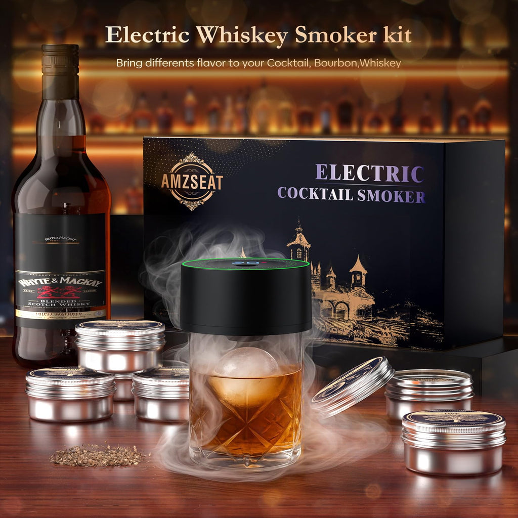 AMZSEAT Electric Whiskey Smoker Kit-Rechargeable Cocktail Smoker Set with 6 Wood Chips-Unique Bourbon Ideal Christmas, Birthday, Valentine's Day Gift,Gifts for Men, Dad, Husband
