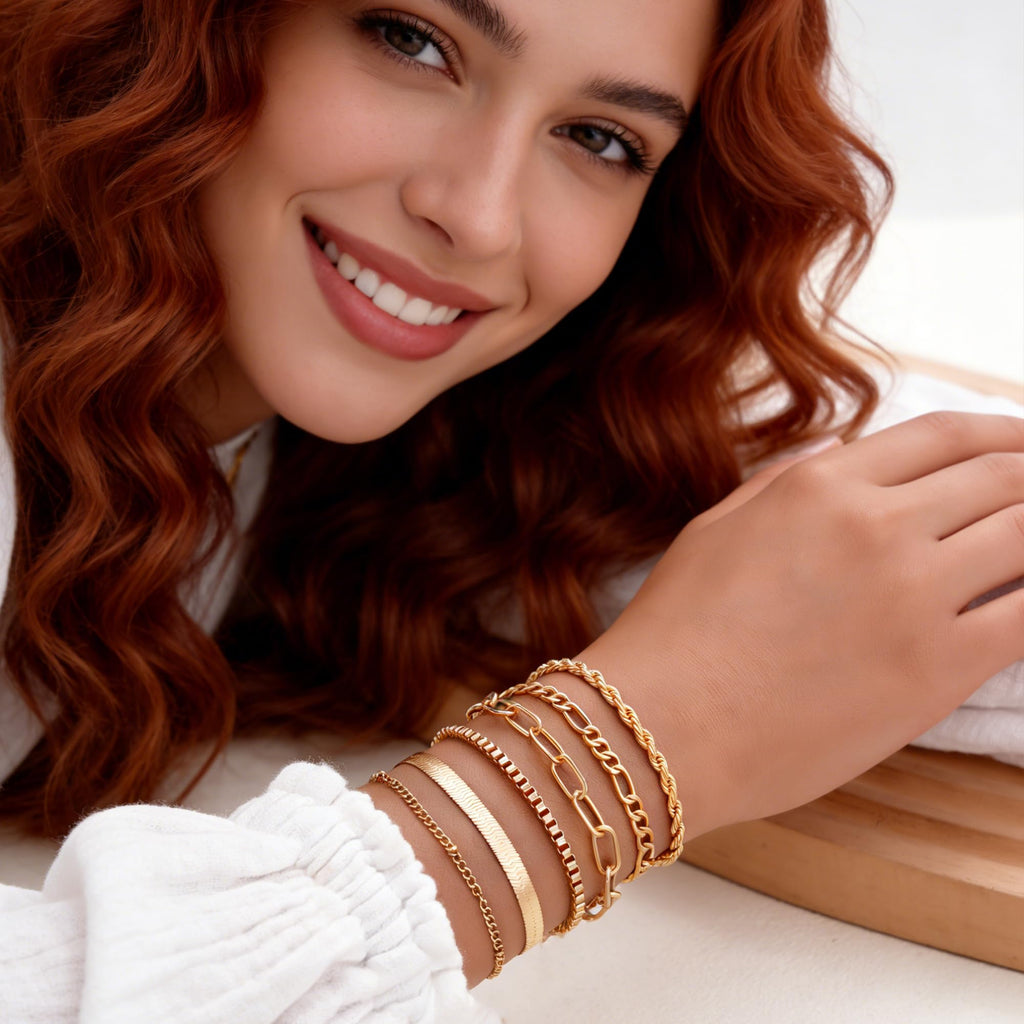 FAXHION 68 Pcs Gold Jewelry Set for Women with 7 Necklace, 17 Bracelet, 5 Hoop Earrings, 15 Stud Earrings, 24 Knuckle Rings for Women Jewelry Set for Women Gift