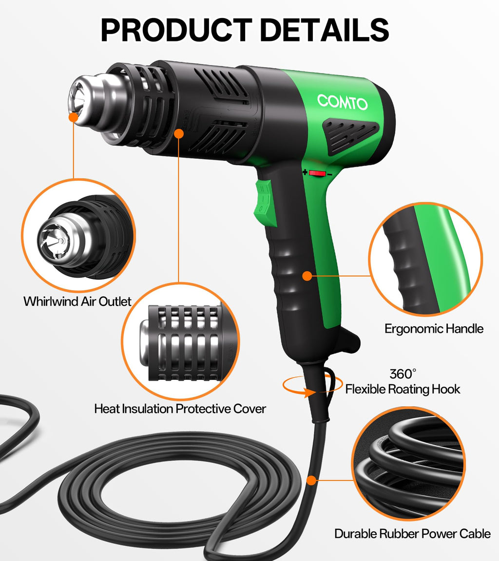 COMTO Heat Gun 1800W Fast Heating 122℉-1202℉ Heavy Duty Hot Air Gun Variable Temperature Control Overheat Protection 2 Speed Air Flow with 4 Nozzles for Crafts, Shrinking Tubing, Vinyl Wrap (SG-1004)