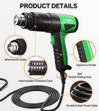 COMTO Heat Gun 1800W Fast Heating 122℉-1202℉ Heavy Duty Hot Air Gun Variable Temperature Control Overheat Protection 2 Speed Air Flow with 4 Nozzles for Crafts, Shrinking Tubing, Vinyl Wrap (SG-1004)