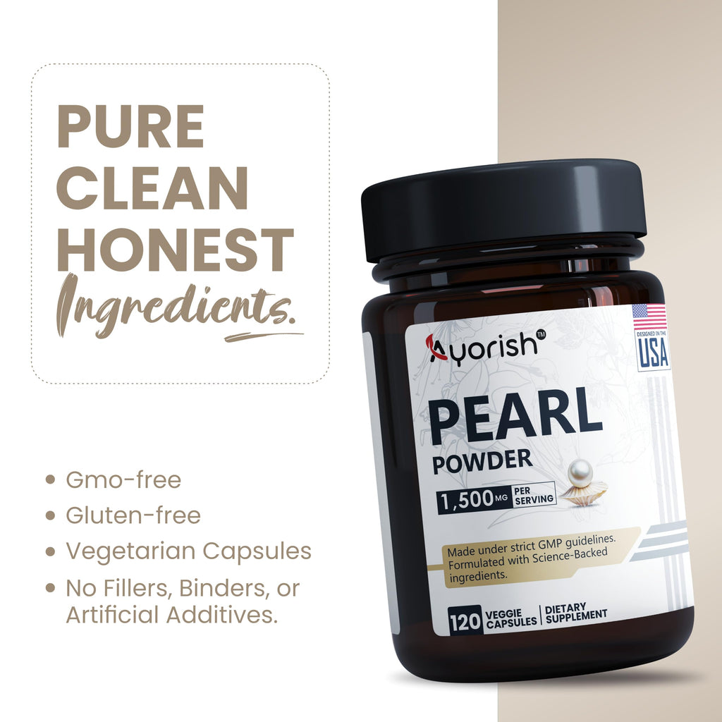 Ayorish Pearl Powder Capsules 1500mg | Organic Pure Levigated Pearl Powder Supplement to Support Skin, Eyes, Nails, Beauty | Natural Freshwater Pearl Capsules | 120 Veggie Caps | Clean Herbal Extract