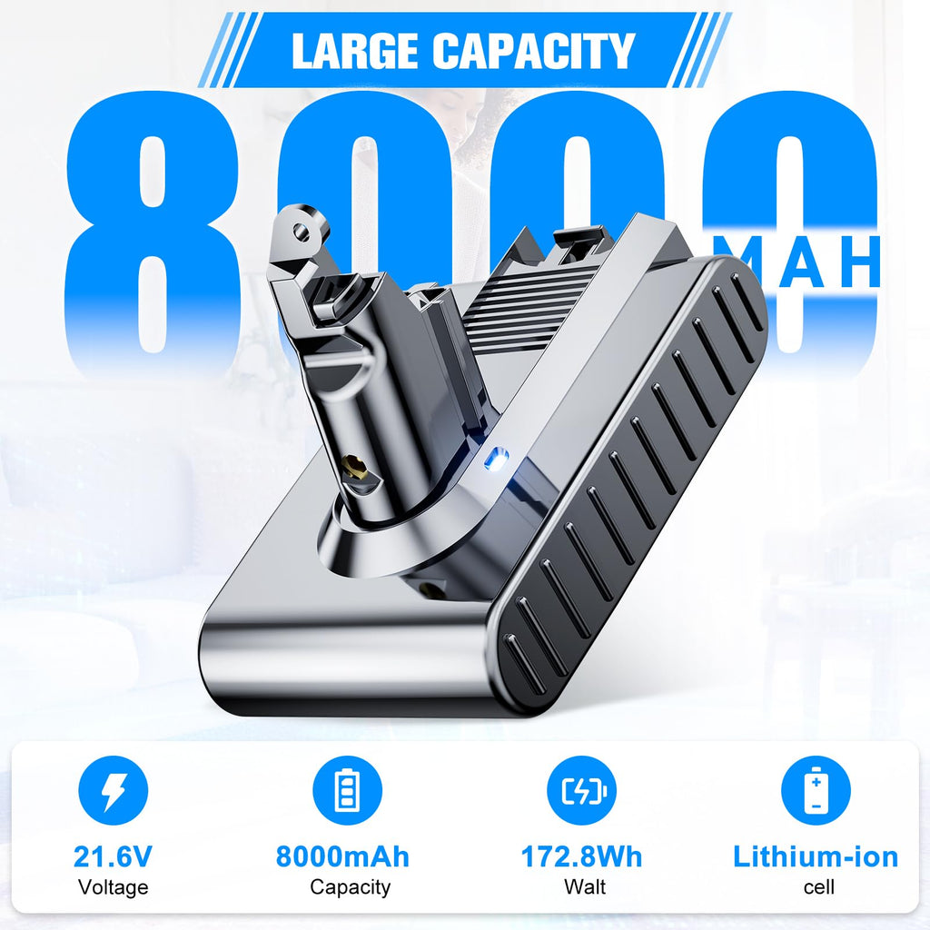 8000mAh Replacement for dyson V6 Battery 21.6V Lithium VTC4 SV03 SV04 SV05 SV06 SV07 SV09 DC58 DC59 DC61 DC62 DC72 DC74 Absolute Animal Motorhead Slim Vacuum with 2 Filters (V6)