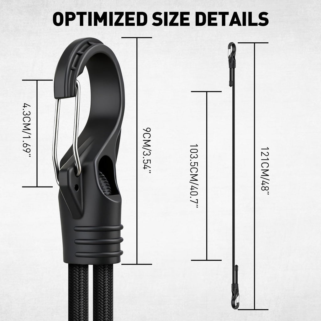 8-Piece 48-inch Adjustable Bungee Cords with Hooks, Heavy Duty Outdoor Carabiner Bungee Straps, Easily Adjust from 7" to 48", Black Super Elastic Cord for Cargo, Camping, Bike Racks, Tents
